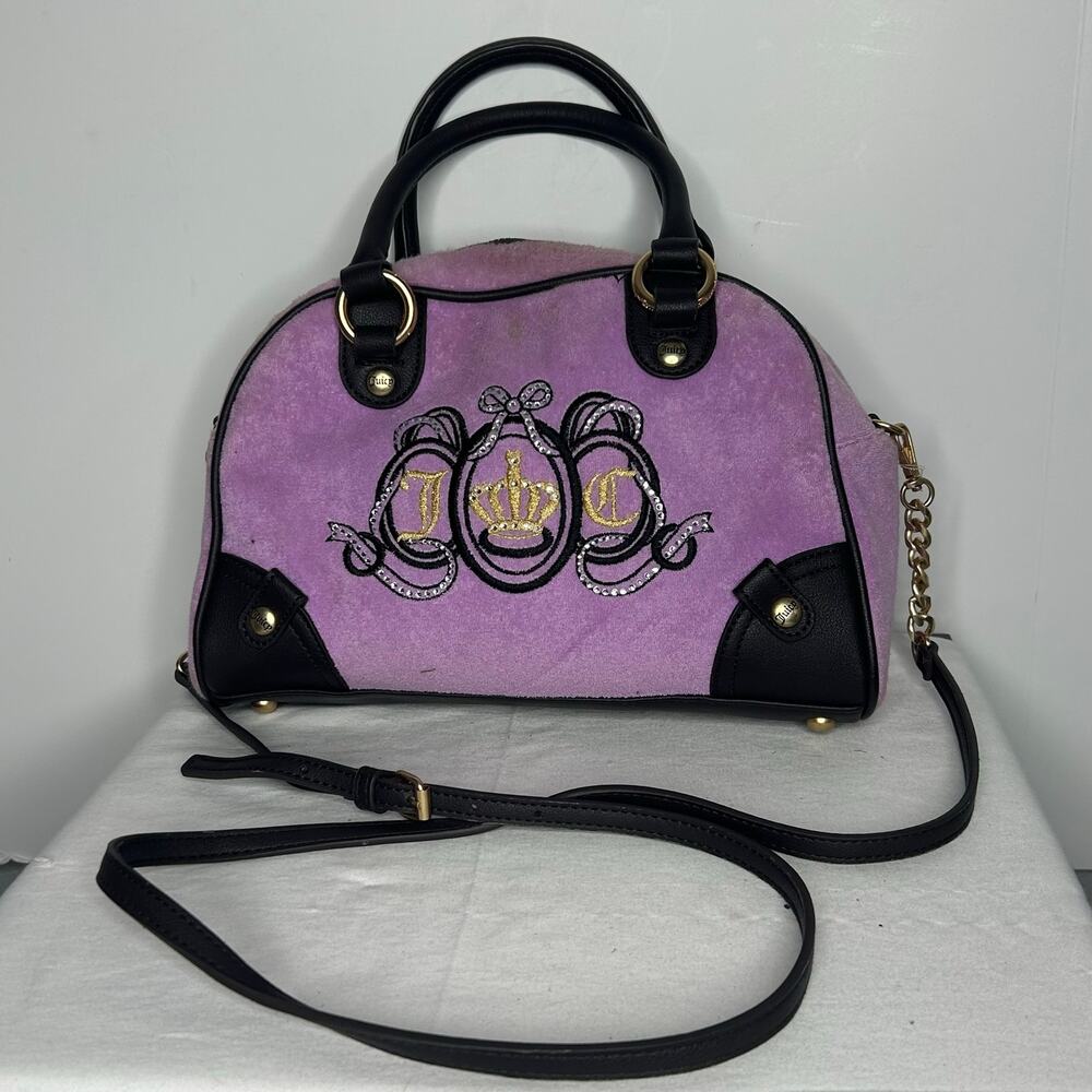 Juicy Couture Purple Velour Bowler Satchel Crossbody Bag Crown JC Y2K Velvet